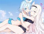  2girls a.r.o.n.a_(blue_archive) amemmmmeme arona_(blue_archive) bikini black_bikini black_eyes blue_archive blue_bikini blue_eyes blue_hair blue_sky bow bow_hairband braid breasts colored_inner_hair frilled_bikini frills hair_over_one_eye hairband halo hug light_blue_hair long_hair looking_at_viewer multicolored_hair multiple_girls open_mouth pink_hair red_pupils ribbon short_hair single_braid sky small_breasts swimsuit white_hair white_hairband white_ribbon yuri 