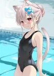  1girl animal_ear_fluff animal_ears bare_arms bare_shoulders black_one-piece_swimsuit blue_bow blush bow breasts cat_ears cat_girl cat_tail closed_mouth collarbone commentary_request covered_navel grey_hair hair_between_eyes hair_bow hair_bun natsume_eri one-piece_swimsuit original pool red_eyes small_breasts smile solo swimsuit tail water 