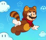  1boy animal_ears animal_hood bandana blue_sky cloud day facial_hair flying full_body gloves highres hood mario mario_(series) mustache open_mouth raccoon_ears raccoon_tail red_bandana sky solo tail tanuki_mario vinny_(dingitydingus) white_gloves 