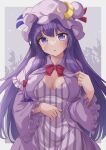  1girl absurdres blush border breasts cleavage crescent crescent_hat_ornament dress frilled_sleeves frills hat hat_ornament highres large_breasts long_hair long_sleeves looking_at_viewer mob_cap open_mouth patchouli_knowledge purple_dress purple_eyes purple_hair purple_headwear ramie_(ramie541) revision sidelocks solo striped striped_dress touhou upper_body vertical-striped_dress vertical_stripes white_border wide_sleeves 