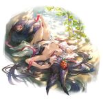  1girl animal_ears barefoot breasts collarbone erune flower fox_ears full_body granblue_fantasy hair_flower hair_ornament large_breasts long_hair looking_at_viewer lying minaba_hideo navel official_art on_back plant purple_flower red_eyes red_flower solo tail transparent_background vines wooden_floor yuel_(granblue_fantasy) 