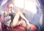  1girl 9-nine- amatsuji bare_shoulders breasts cleavage collarbone curtains hair_over_one_eye highres indoors jacket long_hair long_sleeves looking_at_viewer off_shoulder open_clothes pink_hair red_eyes single_sock single_thighhigh sitting skirt socks solo sunlight thighhighs undressing very_long_hair window 