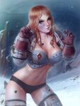  1girl adeptus_astartes armor armored_boots bikini_armor blue_eyes boots braid breasts brown_gloves brown_hair claws cleavage commentary english_commentary facial_tattoo gloves highres lips long_hair looking_at_viewer navel outdoors pauldrons realistic shoulder_armor smile snow snowing solo space_marine space_wolves stomach tattoo themaestronoob thigh_boots warhammer_40k 