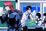  2boys 2girls bag black_bag black_eyes black_hair black_jacket black_sailor_collar black_skirt blue_sky closed_mouth cloud collared_shirt commentary_request day faceless faceless_female gakuran highres ichijou_seiya indoors jacket joukyou_seikatsuroku_ichijou kaiji long_hair long_sleeves looking_at_another male_focus medium_bangs multiple_boys multiple_girls murakami_tamotsu neckerchief pleated_skirt red_hair red_neckerchief sailor_collar school_bag school_uniform serafuku shirt skirt sky unknown03162 upper_body white_shirt 