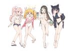  4girls airi_(blue_archive) alternate_costume animal_ears anklet bare_shoulders bikini black_bikini black_hair blonde_hair blue_archive blush bracelet breasts casual_one-piece_swimsuit cat_ears cat_girl collarbone covered_navel denim denim_shorts flat_chest food-themed_hair_ornament green_eyes hair_ornament halo highleg highres ice_cream_hair_ornament jacket jewelry kazusa_(blue_archive) long_hair looking_at_viewer multiple_girls natsu_(blue_archive) navel nemo_(leafnight) off_shoulder one-piece_swimsuit open_clothes open_jacket open_mouth pink_eyes pink_hair red_eyes sandals short_shorts shorts side_ponytail simple_background small_breasts smile swimsuit swimsuit_under_clothes twintails white_background white_bikini white_one-piece_swimsuit yoshimi_(blue_archive) 
