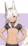  1boy animal_ears arm_tattoo black_shirt closed_eyes closed_mouth cyno_(genshin_impact) dark-skinned_male dark_skin genshin_impact hair_between_eyes hair_over_one_eye highres iroiro_0w0 jackal_ears long_hair male_focus muscular muscular_male navel red_eyes shirt solo stomach tattoo white_hair white_tail 