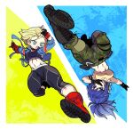  2girls antenna_hair apollo_(pixiv884782) armlet bare_shoulders black_pants blonde_hair blue_eyes blue_hair boots cammy_white camouflage camouflage_pants chibi choker combat_boots fingerless_gloves full_body gloves highres jacket leona_heidern midriff multiple_girls navel open_clothes open_mouth pants ponytail red_footwear short_hair street_fighter street_fighter_6 the_king_of_fighters the_king_of_fighters_xv thighs 