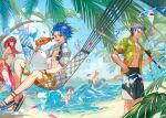  3boys 3girls abs beach bikini blue_hair braid braided_ponytail breasts bridal_garter cu_chulainn_(fate) dog fate/grand_order fate_(series) fergus_mac_roich_(fate) fishing_rod flower frilled_bikini frills hair_flower hair_intakes hair_ornament hawaiian_shirt hibiscus highres inflatable_toy kunai lack large_breasts male_child male_swimwear medb_(fate) medb_(swimsuit_saber)_(fate) microskirt multiple_boys multiple_girls muscular muscular_child muscular_male off-shoulder_bikini off_shoulder open_clothes outdoors palm_tree pectorals pink_bikini pink_hair puppy purple_bikini purple_hair purple_sarong red_eyes samoyed_(dog) sarong scar scar_on_chest scathach_(fate) scathach_(swimsuit_assassin)_(fate) scathach_skadi_(swimsuit_ruler)_(fate) scathach_skadi_(swimsuit_ruler)_(first_ascension)_(fate) setanta_(fate) shirt sideburns skirt spiked_hair swim_trunks swimsuit tree tropical_fish twintails water waves weapon white_bikini white_dog yellow_eyes 