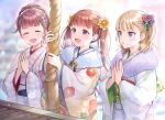  3girls :d ^_^ blonde_hair bow box breath brown_hair closed_eyes donation_box e_(eokiba) flower hair_bow hair_flower hair_ornament hatsumoude japanese_clothes kimono multiple_girls new_year original own_hands_together pink_bow praying purple_eyes smile twintails 