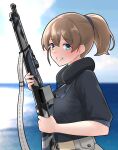  1girl belt_pouch black_shirt blue_eyes blue_sky bolt_action brown_hair cloud commentary_request day furaggu_(frag_0416) gun highres holding holding_gun holding_weapon intrepid_(kancolle) kantai_collection m1903_springfield multicolored_neckerchief neck_pillow outdoors parted_lips partial_commentary ponytail pouch rifle shirt short_hair sky smile trigger_discipline weapon 