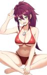  1girl :d arm_up armpit_crease bare_arms bare_legs bare_shoulders barefoot bikini breasts cleavage collarbone commentary dolphin_wave grey_eyes groin hair_between_eyes halterneck hand_on_own_foot head_tilt high_ponytail highres indian_style jewelry knees_out_of_frame kurenashi_yuuri large_breasts light_blush long_hair looking_at_viewer multi-strapped_bikini multi-strapped_bikini_bottom navel necklace open_mouth pendant ponytail purple_hair red_bikini salute sharp_teeth sidelocks simple_background sitting smile solo stomach surippa1010 swimsuit teeth two-finger_salute white_background 