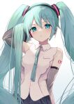  1girl absurdres aqua_eyes aqua_hair aqua_necktie arm_behind_back bare_shoulders blue_skirt blush buket_pudding_i collared_shirt commentary_request cowboy_shot double-parted_bangs elbow_gloves gloves hatsune_miku hatsune_miku_(nt) headphones highres long_hair looking_at_viewer necktie parted_lips pleated_skirt shirt simple_background skirt sleeveless solo twintails very_long_hair vocaloid white_background white_shirt 