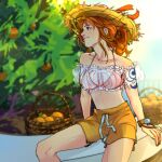  1girl absurdres arm_tattoo bare_shoulders basket black_eyes closed_mouth food fruit hat highres log_pose looking_to_the_side medium_hair mishailla nami_(one_piece) one_piece orange_(fruit) orange_hair outdoors shorts sitting smile solo straw_hat tattoo tree yellow_shorts 