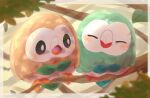  :o ^_^ alternate_color animal_focus bird bow bowtie closed_eyes closed_mouth dappled_sunlight highres ibispaint_(medium) in_tree kafe_(0415meimei) leaf looking_at_another no_humans open_mouth outdoors owl perching plant pokemon pokemon_(creature) rowlet shiny_pokemon sitting sitting_in_tree smile solid_circle_eyes solid_oval_eyes sunlight tree turning_head 