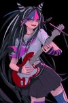  1girl :d black_background black_hair black_skirt danganronpa_(series) danganronpa_2:_goodbye_despair gloves green_hair green_thighhighs hair_horns highres holding_guitar jewelry long_hair microphone miniskirt mioda_ibuki multicolored_hair neckerchief pink_hair pink_neckerchief pink_thighhighs playing_guitar pleated_skirt ring scar sg_(sallgam) short_sleeves simple_background skirt smile solo striped striped_gloves tattoo teeth thighhighs white_hair zettai_ryouiki 