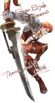  1boy atelier_(series) atelier_ryza brown_gloves brown_pants buckle full_body gauntlets gloves highres huge_weapon lent_marslink looking_at_viewer male_focus muscular muscular_male pants red_hair single_gauntlet single_glove smile solo sword weapon white_background yellow_eyes 