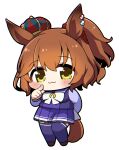  1girl :3 animal_ears aston_machan_(umamusume) bangs black_footwear blue_shirt blush brown_hair chibi closed_mouth commentary_request crown full_body green_eyes hair_between_eyes hair_ornament hair_scrunchie hand_up highres horse_ears horse_girl horse_tail looking_at_viewer mini_crown pleated_skirt plover ponytail purple_skirt purple_thighhighs red_scrunchie school_uniform scrunchie shirt shoes simple_background skirt solo tail thighhighs tilted_headwear tracen_school_uniform umamusume white_background 