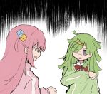  2girls aki_mabayu bocchi_the_rock! bow commentary_request crossover cube_hair_ornament facing_another gotoh_hitori green_hair green_jacket hair_ornament hair_over_one_eye hairclip hand_up jacket long_hair long_sleeves looking_at_another magia_record:_mahou_shoujo_madoka_magica_gaiden mahou_shoujo_madoka_magica moldy_edge multiple_girls one_side_up open_mouth pink_hair pink_jacket purple_eyes red_bow shirt track_jacket trait_connection upper_body white_shirt 