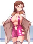  1girl areola_slip blush bodycon breasts brown_cloak brown_eyes brown_hair cleavage cloak earrings exhibitionism fishnet_thighhighs fishnets highres idolmaster idolmaster_cinderella_girls jewelry navel nitta_minami panties public_indecency purple_panties revealing_clothes smile straight_hair thighhighs tight_clothes twogie underwear 