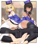  1boy 2girls andou_(girls_und_panzer) armpit_crease ass bare_shoulders barefoot black_footwear black_hair blonde_hair blue_bow blue_bowtie blue_dress blue_eyes blue_headwear blue_necktie blue_sleeves blur_censor blush boots bow bowtie breasts brown_eyes censored cleavage cooperative_footjob dark-skinned_female dark_skin detached_collar detached_sleeves dress eyelashes girls_und_panzer hair_between_eyes hat kikimifukuri knee_boots knees_together_feet_apart large_breasts licking_lips long_hair looking_at_another medium_hair military_hat multiple_girls necktie oshida_(girls_und_panzer) panties penis shoejob skindentation steaming_body sweatdrop thighhighs thighs tongue tongue_out underwear white_panties white_thighhighs 