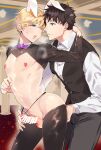  2boys anal anal_fingering animal_ears arm_behind_head bar_censor black_hair blonde_hair blue_eyes bow bowtie brown_eyes censored collared_shirt erection fingering heart_pasties highres indoors looking_at_another male_focus male_playboy_bunny meme_attire multiple_boys open_mouth original pasties penis pink_bow pink_bowtie rabbit_ears reverse_bunnysuit reverse_outfit rynanakagawa shirt short_hair standing testicles vest white_shirt yaoi 