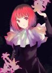  1girl absurdres arima_kana arm_up black_dress dress frilled_dress frills highres light_particles long_sleeves looking_at_viewer oshi_no_ko parted_lips purple_background red_eyes red_hair short_hair silhouette solo xiang_yu_pai 