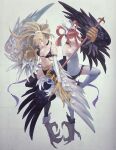  2girls animal_hands bare_shoulders bird_legs black_feathers black_wings blonde_hair breasts choker claws cleavage clothing_cutout duel_monster feathered_wings feathers green_eyes hair_rings harpie_channeler harpie_dancer harpy holding holding_staff large_breasts long_hair looking_at_viewer monster_girl multiple_girls navel navel_cutout orange_eyes orange_hair pointy_ears ponytail simple_background staff talons thighhighs twintails white_background white_feathers white_thighhighs white_wings winged_arms wings yu-gi-oh! yuza zettai_ryouiki 