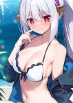  1girl bare_shoulders bikini black_jacket breasts cleavage closed_mouth collarbone copyright_request grey_hair hair_between_eyes hand_up jacket long_hair looking_at_viewer medium_breasts nanamomo_rio navel off_shoulder open_clothes open_jacket ponytail red_eyes sidelocks smile solo swimsuit very_long_hair water white_bikini 