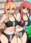  2girls absurdres bare_shoulders bikini black_bikini blonde_hair bongfill breasts chainsaw_man cleavage commentary demon_girl demon_horns highres holding horns indoors large_breasts makima_(chainsaw_man) medium_breasts multiple_girls navel nervous_smile object_request orange_eyes plant ponytail potted_plant power_(chainsaw_man) red_hair red_horns shaded_face smile sports_bikini sweat sweatdrop swimsuit symbol-only_commentary thighs yellow_eyes 