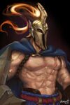  1boy abs artist_name belt black_background cape covered_face feet_out_of_frame fire hairy helmet highres large_pectorals league_of_legends looking_at_viewer male_focus manly mature_male muscular muscular_male nipples no_shirt pantheon_(league_of_legends) pectorals red_eyes scar shield signature simple_background skirt solo tattoo velvet_queen_h 