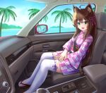  1girl :d absurdres ahoge animal_ear_fluff animal_ears blue_sky breasts brown_footwear brown_hair car_interior commission day fox_ears green_eyes hair_between_eyes highres horizon iroha_(iroha_matsurika) japanese_clothes kimono long_hair long_sleeves looking_at_viewer medium_breasts ocean original palm_tree pixiv_commission print_kimono ribbon-trimmed_legwear ribbon_trim seatbelt sitting sky smile solo thighhighs tree very_long_hair white_thighhighs wide_sleeves yagasuri yukata zouri 