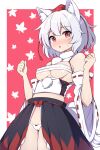  1girl animal_ears bare_shoulders black_skirt blush breasts detached_sleeves grey_hair hair_between_eyes highres inubashiri_momiji large_breasts open_mouth panties pom_pom_(clothes) red_eyes revealing_clothes ribbon-trimmed_sleeves ribbon_trim rizento short_hair skirt solo tail touhou underwear white_panties wide_sleeves wolf_ears wolf_tail 