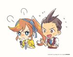  &gt;:( 1boy 1girl ace_attorney airagency1005 angry antenna_hair apollo_justice athena_cykes black_gloves blue_eyes blue_hairband blue_necktie blue_ribbon bracelet brown_eyes brown_hair chibi clenched_hands closed_mouth collared_shirt crescent crescent_earrings cropped_torso earrings english_text flying_sweatdrops gloves hair_ribbon hairband hands_up highres jacket jewelry lapel_pin lapels long_hair necklace necktie nervous_smile open_clothes open_collar open_jacket open_mouth orange_hair partially_fingerless_gloves red_vest ribbon shirt short_hair side_ponytail sidelocks simple_background single_earring single_glove sleeve_cuffs sleeves_past_elbows sleeves_rolled_up smile sweat swept_bangs upper_body v-shaped_eyebrows very_long_hair vest white_background white_shirt yellow_jacket 
