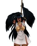  1girl arms_up art_moira bird_legs black_feathers black_hair black_lips black_pubic_hair black_wings breasts claws cleavage corruption_of_champions_2 dark-skinned_female dark_skin dress feathered_wings feathers grey_eyes hair_between_eyes harpy harpy_stormcaller_(corruption_of_champions) holding holding_polearm holding_weapon long_hair monster_girl parted_lips polearm see-through see-through_dress small_breasts solo transparent_background weapon weapon_behind_back winged_arms wings 