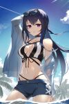  1girl bikini black_choker black_hair blue_shorts breasts choker cleavage_cutout clothing_cutout cloud contrail eyewear_on_head front-tie_bikini_top front-tie_top highres ichinose_uruha jacket long_hair looking_at_viewer medium_breasts multi-strapped_bikini navel ocean official_alternate_costume open_clothes open_jacket palm_tree parted_lips purple_eyes see-through shioneko_(0202) short_shorts shorts solo stomach sunglasses sweat swimsuit tree very_long_hair virtual_youtuber vspo! wet 