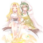  2girls ^_^ barefoot blonde_hair circlet closed_eyes dress edain_(fire_emblem) fire_emblem fire_emblem:_genealogy_of_the_holy_war fire_emblem:_thracia_776 green_dress green_eyes green_hair looking_at_viewer multiple_girls onsen safy_(fire_emblem) smile steam sui_(aruko91) surprised white_dress white_hood 