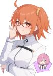  2girls adjusting_eyewear ahoge blush_stickers breasts chaldea_uniform chibi closed_mouth commentary_request fate/grand_order fate_(series) fujimaru_ritsuka_(female) glasses grey_jacket hair_between_eyes hair_ornament hair_over_one_eye hair_scrunchie handa_guryu jacket light_purple_hair long_sleeves looking_at_viewer mash_kyrielight medium_breasts multicolored_clothes multicolored_jacket multiple_girls necktie one_eye_covered orange_eyes orange_hair purple_eyes red-framed_eyewear red_necktie scrunchie short_hair side_ponytail simple_background smile two-tone_jacket uniform white_background white_jacket yellow_scrunchie 