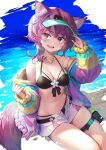  1girl animal_ear_fluff animal_ears bikini black_bikini breasts cat_ears cat_girl cat_tail cleavage commentary_request day highres jacket looking_at_viewer medium_breasts mitake_eil navel off_shoulder open_clothes open_jacket open_mouth original outdoors purple_eyes purple_fur purple_hair sitting skirt smile solo swimsuit tail unzipped visor_cap 