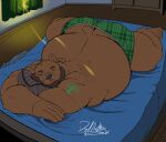  2021 anthro back_hair bear beard bed belly bent_legs big_belly body_hair brown_body brown_fur butt_cleavage clothed clothing deadanthro digital_media_(artwork) eyes_closed facial_hair fur furniture hugging_pillow inside light lying lying_on_bed male mammal on_bed on_front overweight overweight_anthro overweight_male sleeping solo spread_legs spreading sunlight underwear underwear_only 