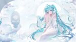  1girl absurdres aqua_hair bird blue_eyes blue_nails dress fake_nails feathers hand_on_own_knee hatsune_miku highres jie_xiaoming knee_up leaning_forward long_hair looking_at_viewer miku_symphony_(vocaloid) pillow sitting strapless strapless_dress twintails vocaloid white_dress 