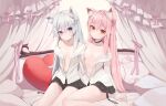  2girls absurdres animal_ears auuufox black_skirt blue_eyes breasts cat_ears cat_girl demon_tail expressionless grey_hair heart heart_pillow highres long_hair long_sleeves looking_at_viewer miniskirt multiple_girls navel no_bra off_shoulder open_clothes open_shirt original pillow pink_hair pleated_skirt red_eyes shirt skirt small_breasts tail white_shirt 