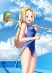  1girl absurdres blonde_hair blue_eyes blue_one-piece_swimsuit blue_sky breasts chain-link_fence cleaning_brush cloud competition_school_swimsuit cowboy_shot day empty_pool fence forehead highres hose kofune_ushio kyouji44288608 long_hair one-piece_swimsuit open_mouth outdoors pool school_swimsuit sky small_breasts solo summertime_render swimsuit very_long_hair water 