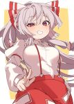  1girl absurdres bow collared_shirt commentary_request cowboy_shot e_sdss fujiwara_no_mokou grey_hair grin hand_in_pocket highres juliet_sleeves long_hair long_sleeves looking_at_viewer ofuda ofuda_on_clothes pants puffy_sleeves red_bow red_eyes red_pants shirt smile solo touhou very_long_hair white_bow white_shirt 