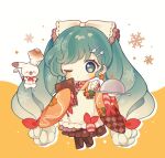  1girl animal apron aqua_eyes aqua_hair blush_stickers boots bow braid bread brown_footwear brown_kimono brown_skirt butter carrot_print carrot_slice checkered_clothes checkered_kimono chef_hat chibi commentary cross-laced_footwear dot_mouth earrings food food_print fork_hair_ornament full_body gradient_hair green_pepper hair_bow hat hatsune_miku highres holding holding_ladle holding_menu holding_tray inomo_(qimoshu) japanese_clothes jewelry kappougi kimono lace-up_boots ladle long_hair looking_at_viewer low_twin_braids menu multicolored_hair neckerchief one_eye_closed orange_background orange_sleeves pleated_skirt rabbit rabbit_yukine red_neckerchief serving_dome shrimp skirt sleeves_past_fingers sleeves_past_wrists snowflake_background snowflakes solo spoon_hair_ornament squash standing star-shaped_food star_(symbol) star_earrings symbol-only_commentary tray treble_clef twin_braids twintails two-tone_background vegetable_print very_long_hair vocaloid white_background white_bow white_hair white_headwear wide_sleeves yuki_miku yuki_miku_(2024) 