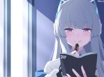  1girl :q blue_archive blunt_bangs book commentary highres holding holding_book holding_pen long_hair noa_(blue_archive) pen purple_eyes reia_76 shirt tongue tongue_out twitter_username upper_body white_hair white_shirt 