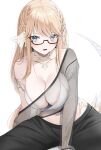  1girl absurdres au_ra black_pants blonde_hair blue_eyes blush braid breasts collarbone commentary_request commission dragon_girl dragon_horns dragon_tail final_fantasy final_fantasy_xiv glasses highres horns large_breasts long_hair long_sleeves looking_at_viewer looking_over_eyewear navel off_shoulder open_mouth pants scales see-through shhilee sidelocks simple_background sitting skeb_commission solo spread_legs tail warrior_of_light_(ff14) white_background 