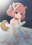  1girl animal_ear_fluff animal_ears arm_up barefoot bell breasts brown_eyes brown_hair chain chain_leash cleavage collar dog_ears dog_girl dog_tail dress feet hair_bell hair_ornament jingle_bell kemonomimi_mode leash motoori_kosuzu open_mouth paw_pose sen1986 short_dress short_hair sitting small_breasts solo strap_slip sundress tail toes touhou two_side_up white_dress 