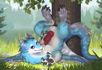  adult aseysh belly black blue dragon feral fluffy forest genitals grass green hi_res invalid_tag male nsfw pawpads paws penis plant playful presenting solo tree western wings ych 