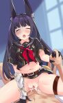  1girl absurdres animal_ears armor black_gloves black_hair commission dragalia_lost facing_viewer gloves hetero highres holding_hands leather_belt linnea_(dragalia_lost) long_hair looking_at_viewer navel purple_eyes rabbit_ears rabbit_girl ragnaveldt red_scarf scarf second-party_source sex vaginal 