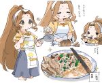 1girl apron blue_skirt blush_stickers bread chopsticks closed_eyes commentary_request dot_mouth dot_nose eating flying_sweatdrops food green_eyes hairband highres holding holding_chopsticks holding_knife idolmaster idolmaster_million_live! knife light_brown_hair long_hair multiple_views nikaidou_chizuru noodles parted_bangs ponytail print_apron shirt short_sleeves skirt sparkle spawnfoxy sweat translation_request udon upper_body very_long_hair white_apron white_background white_hairband yellow_shirt 